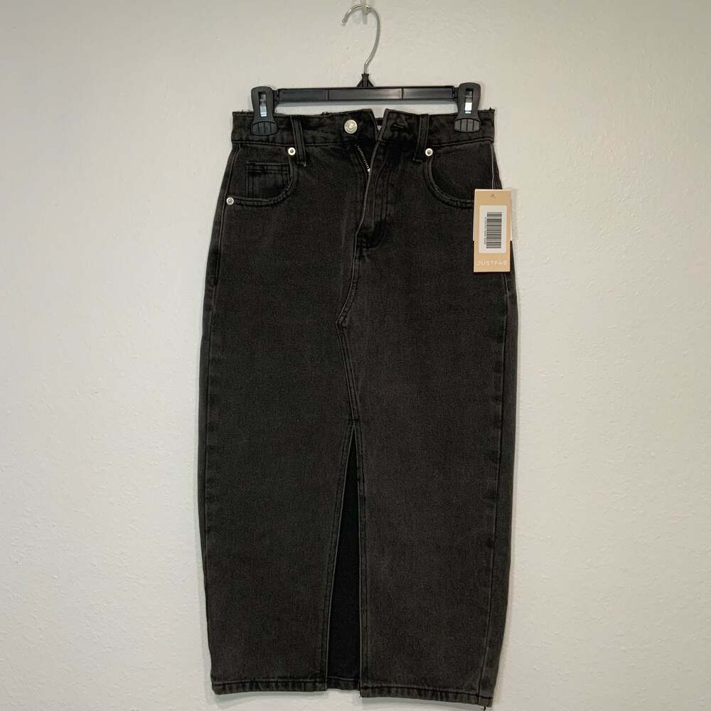 JustFab Black High Waisted Front Slit Raw Hem Denim Midi Skirt